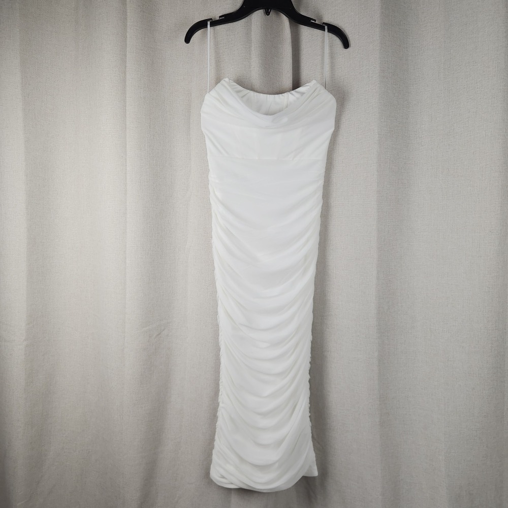Ruby Sees Bodycon Dress Womens 8 White Ruched Cowl Neck Spaghetti Strap Midi Zip